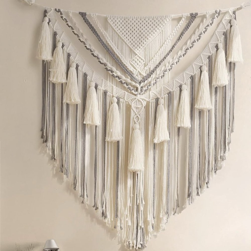 Boho Macrame Woven Handmade Craft Mid Century Modern Hanging Tassel Wall Decor - Picture 1 of 8